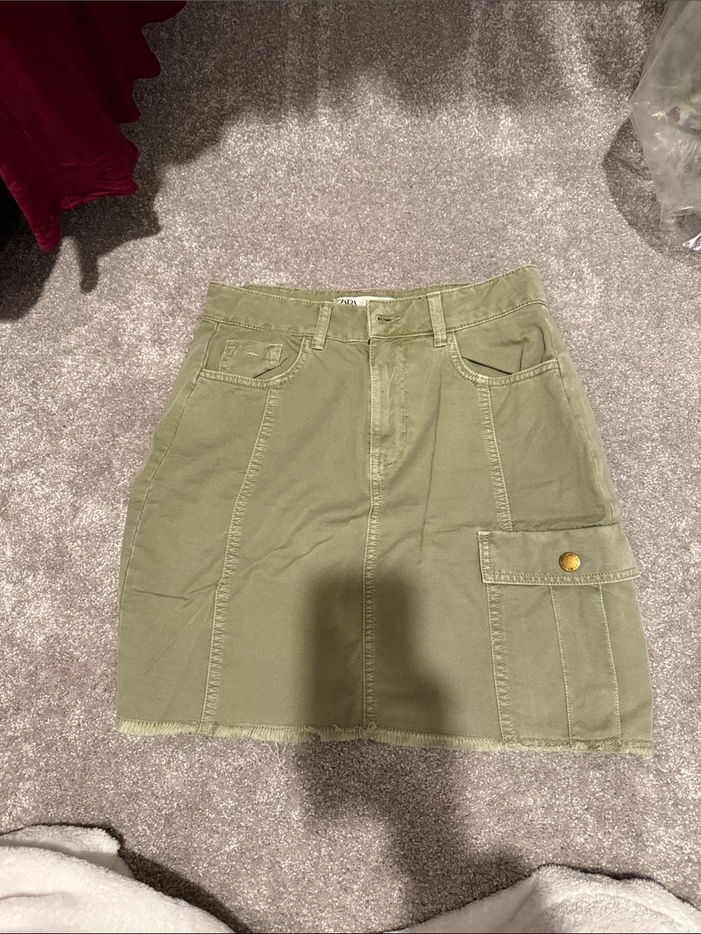 Zara Olive Green Mini Skirt with Side Flap Pocket